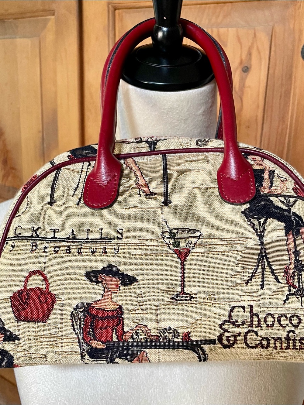 Tapestry Top-Handle Bag with Red Faux Leather Trim
